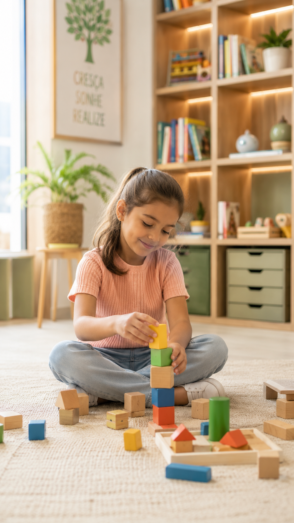 Criança brincando com blocos educativos em ambiente terapêutico ilustrativo